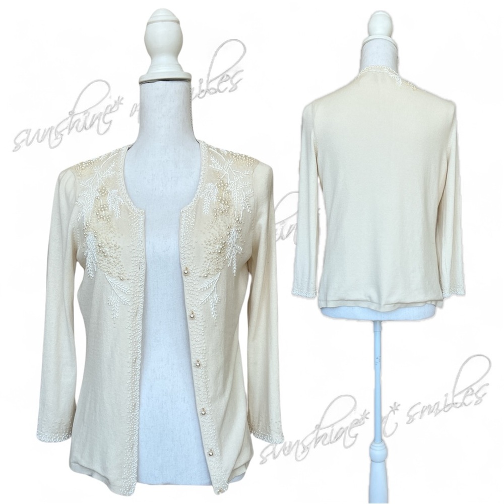 Vintage-Style ANN TAYLOR Beaded Embellishments Cream Silk Blend V-Neck Cardigan